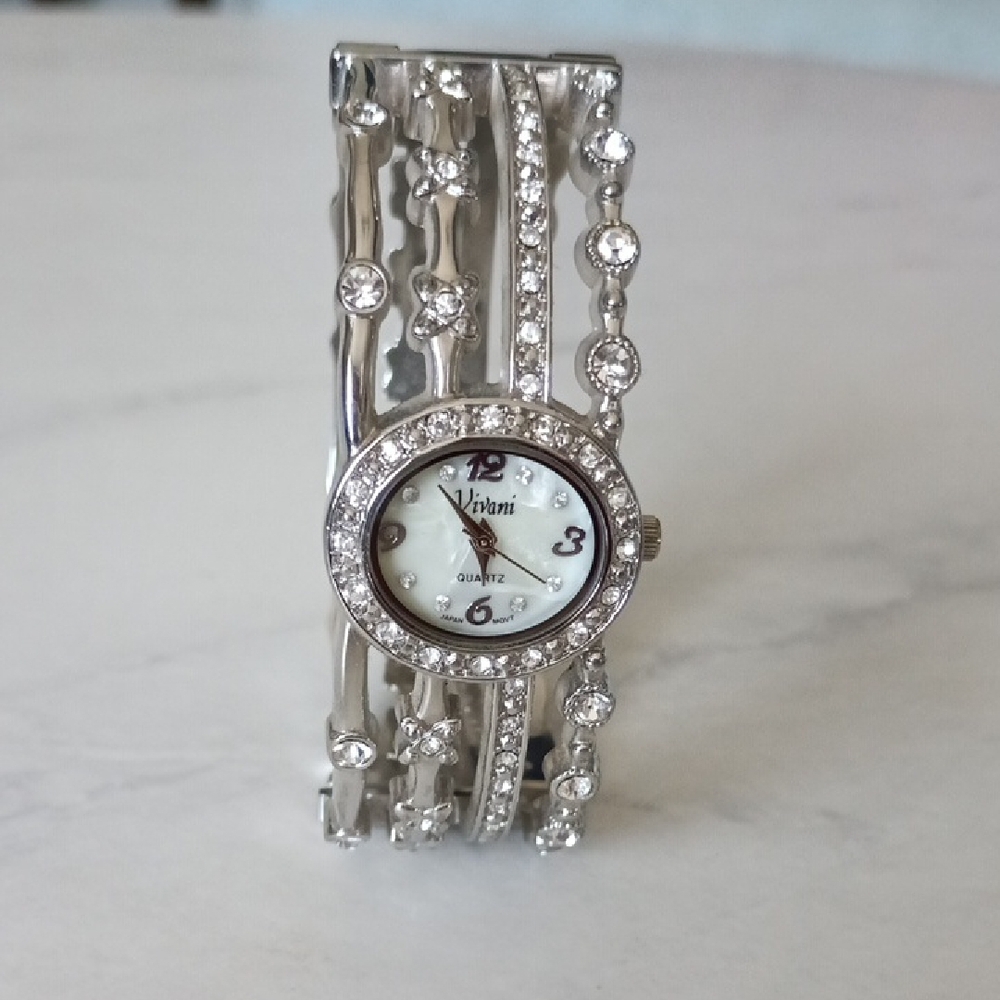 Silver Crystal Cuff Watch with Oval Face